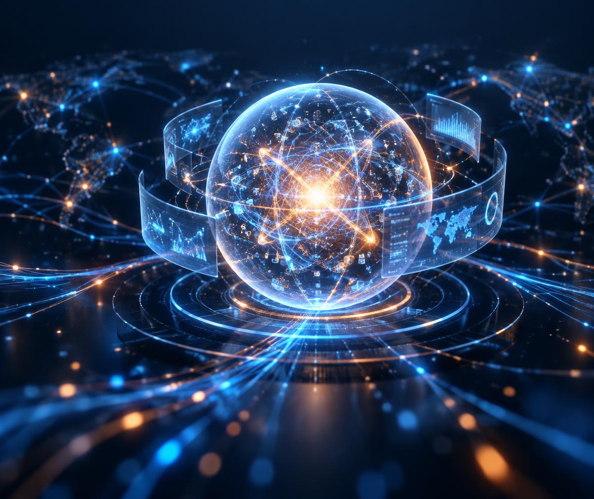 Glowing 3D AI data core representing Geettechlabs' custom software, AI and digital engineering