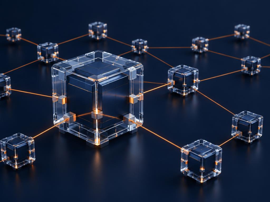 Connected glass blocks illustrating a decentralised blockchain network