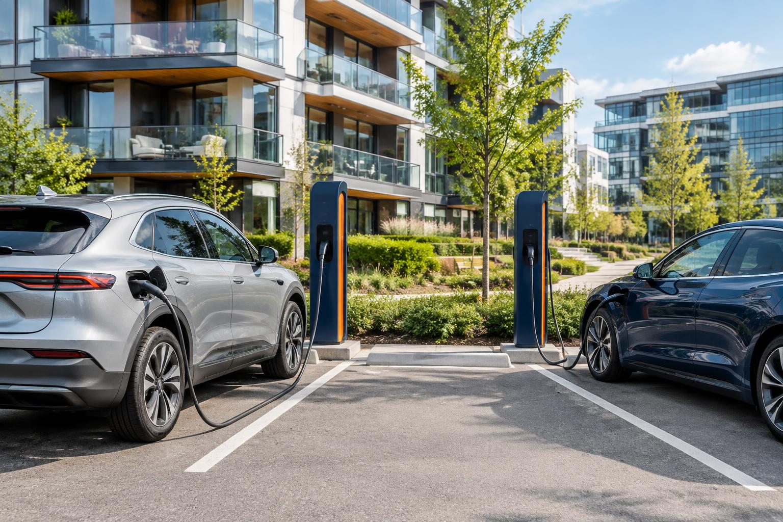 Electric vehicles connected to charging stations at a modern residential and workplace development