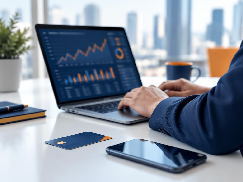 Financial analytics on a laptop beside a payment card and smartphone